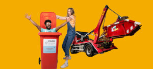 Vrouw in oranje shirt en man met zonnebril die uit rode afvalcontainer van What A Waste komen, naast afvalcontainertruck met afzetcontainer, op gele achtergrond, illustratie van afvalbeheer en containerverhuur.