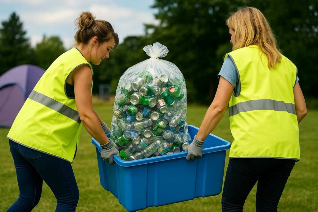 Twee medewerkers van What A Waste dragen een grote container vol lege blikjes, tijdens afvalbeheer op een evenement in groene omgeving.