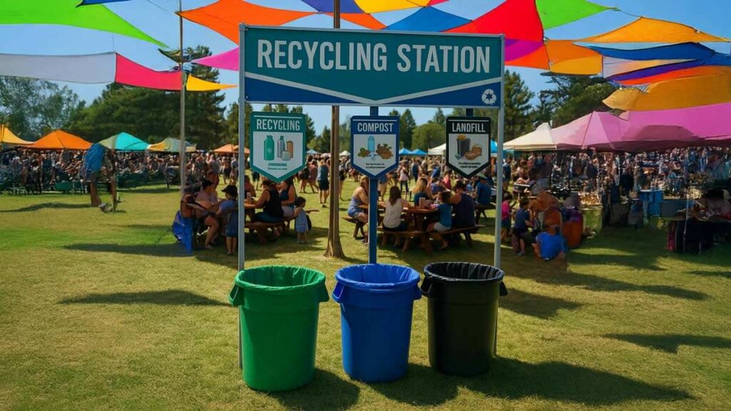 Drie afvalbakken in groen, blauw en zwart onder een bord ‘Recycling Station’ op een drukbezocht festival met kleurrijke doeken als overkapping.