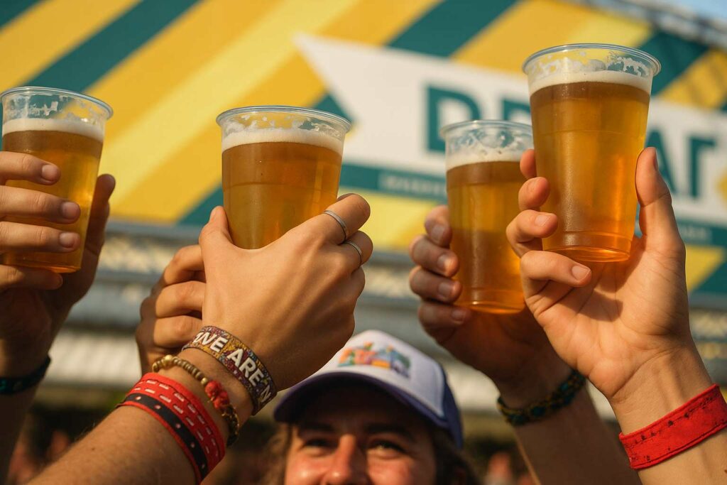 Plastic bekers op handen bij een festival, illustratie van bekerrecycling en duurzaam afvalbeheer door What A Waste.
