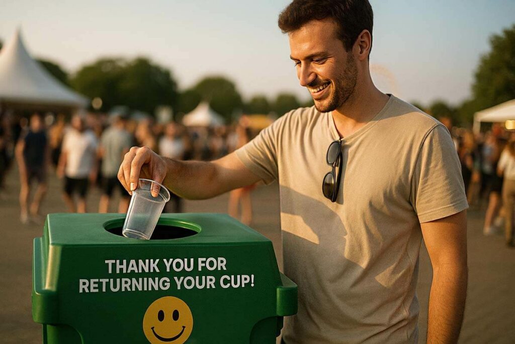 Close-up van een man die een plastic beker weggooit in een groene afvalbak met tekst 'Thank you for returning your cup' op festival, beeld van duurzame bekerrecycling.