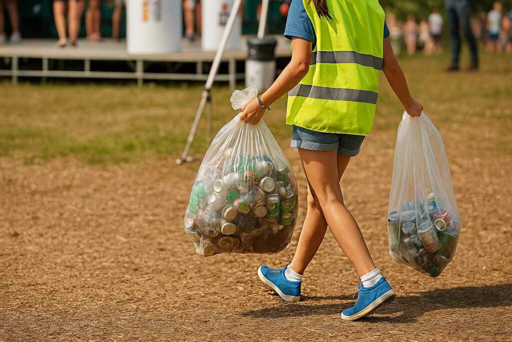 Medewerker van What A Waste in geel hesje draagt twee grote zakken met lege blikjes, actief bezig met eindschoonmaak op een festivalterrein.