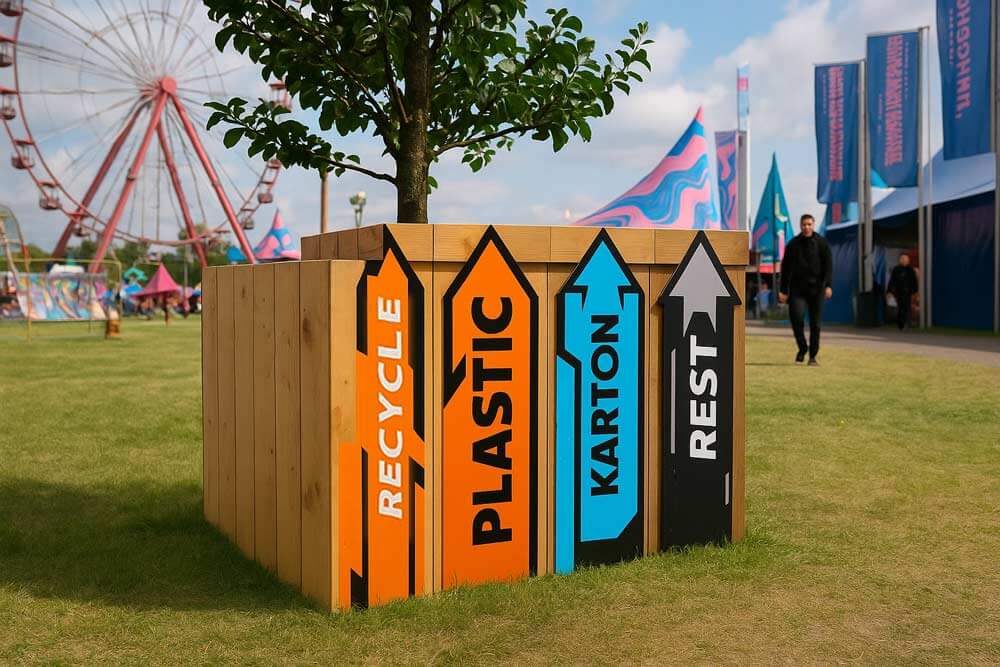 Grote houten afvalbakken met duidelijke pijlen en labels voor recycling van plastic, karton en restafval op een festivalterrein.