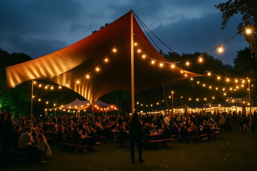 Avondbeeld van festival met tenten, sfeerverlichting en bezoekers, illustratie van evenementenreiniging door What A Waste.