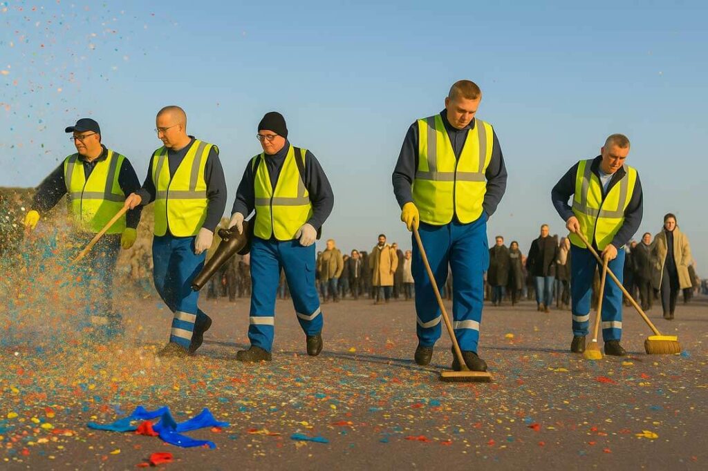 Schoonmaakteam in gele hesjes veegt confetti weg na evenement, voorbeeld van grondige evenementreiniging door What A Waste.