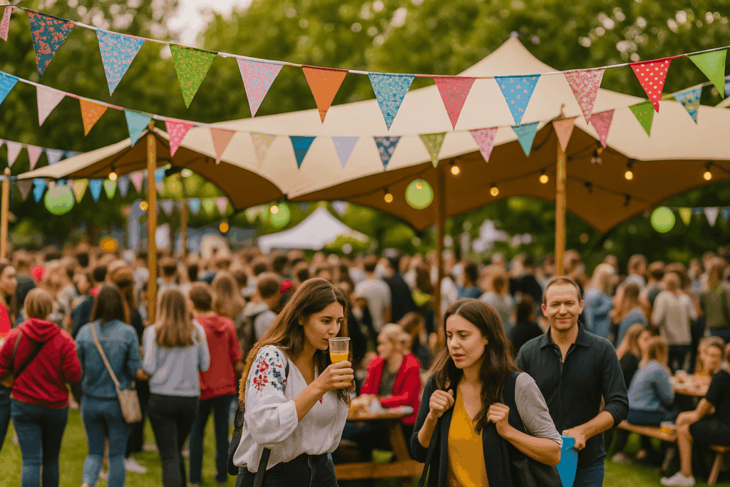 Publiek op foodtruckfestival onder vlaggen en tenten, met bezoekers die genieten en afvalzakken vasthouden, voorbeeld van afvalbeheer op festivals.