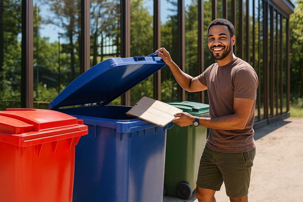 Man die glimlacht terwijl hij karton in een blauwe afvalcontainer deponeert, met rode en groene containers op de achtergrond, symbool voor gescheiden afvalinzameling door What A Waste.