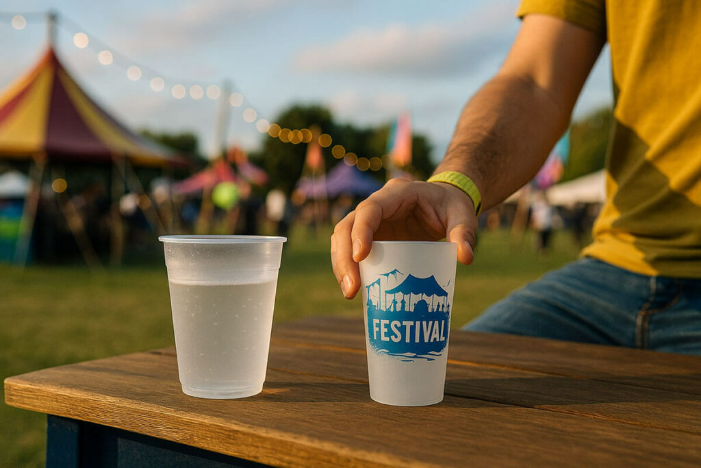 Plastic bekers op houten tafel tijdens festival, met focus op herbruikbare en wegwerpbekers, illustratie voor blog over hard cups vs soft cups.