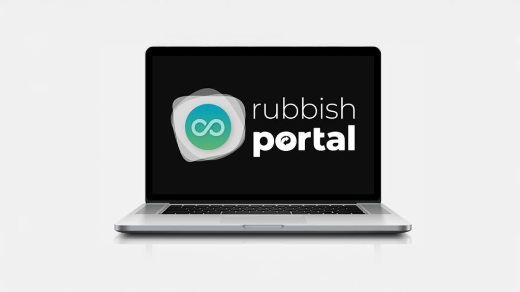 Laptop met het logo van Rubbish Portal, digitale tool voor afvalbeheer en monitoring op festivals en evenementen.