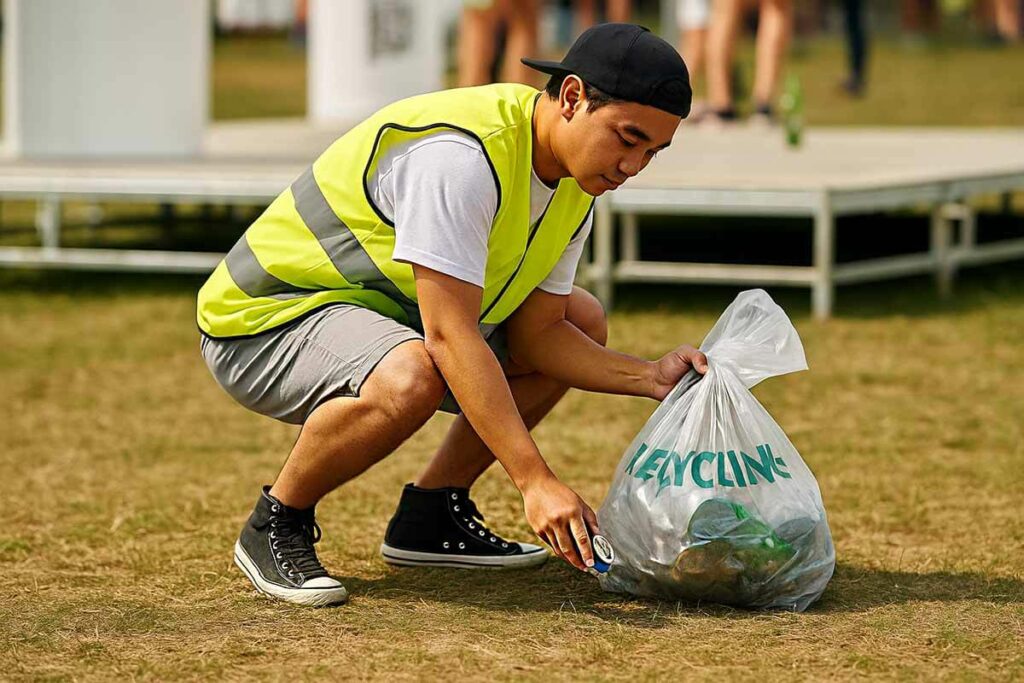 Medewerker van What A Waste in geel veiligheidsvest verzamelt recyclebaar afval tijdens een evenement, illustratie van afvalinzameling en afvalinzicht.