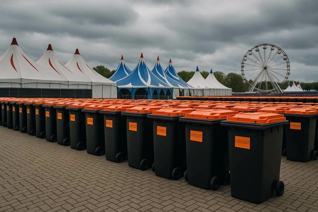 Rijen afvalcontainers met oranje deksel opgesteld op een festivalterrein, ideaal voor afvalbeheer en gescheiden inzameling op evenementen.