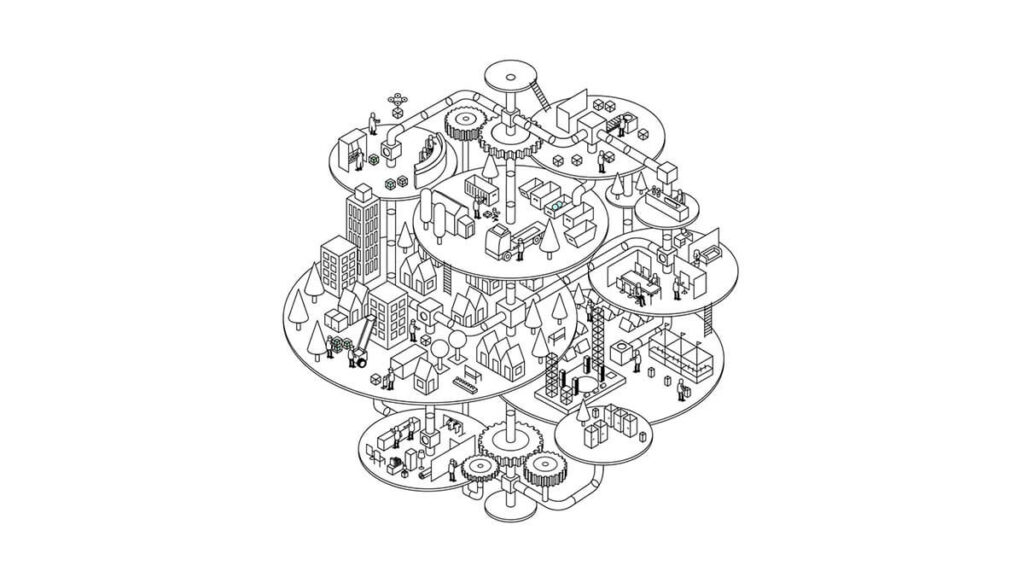 Illustratie van afvalbeheer met mensen en machines in verschillende lagen, symboliseert duurzaam afvalbeheer en logistiek.